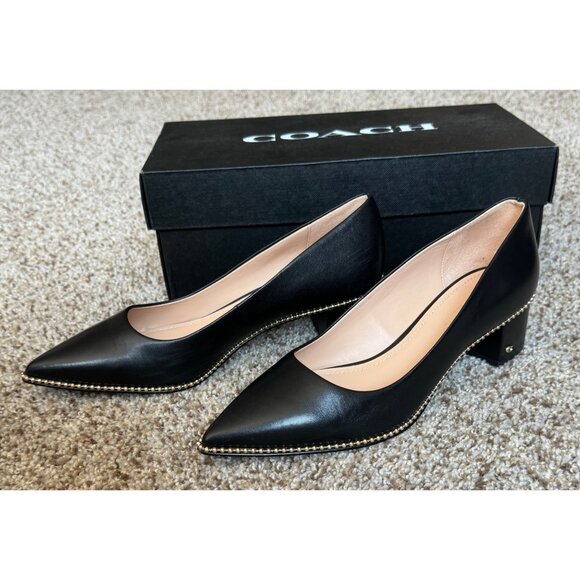 Coach Black Leather Studded Chunky Heels - Size 7 - Picture 3 of 11